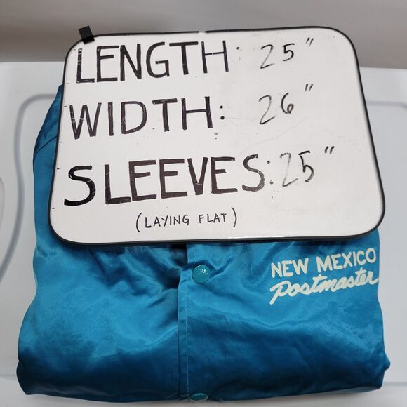 RARE VINTAGE KING LOUIE NEW MEXICO POST MASTER TEAL SATIN BOMBER JACKET SIZE XL - Picture 9 of 9
